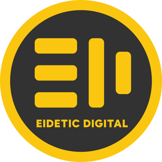 Eidetic Digital, LLC Logo: The letters E and D abstracted into light blue horizontal and vertical lines with the words Eidetic Digital below and enclosed in a purple circle.
